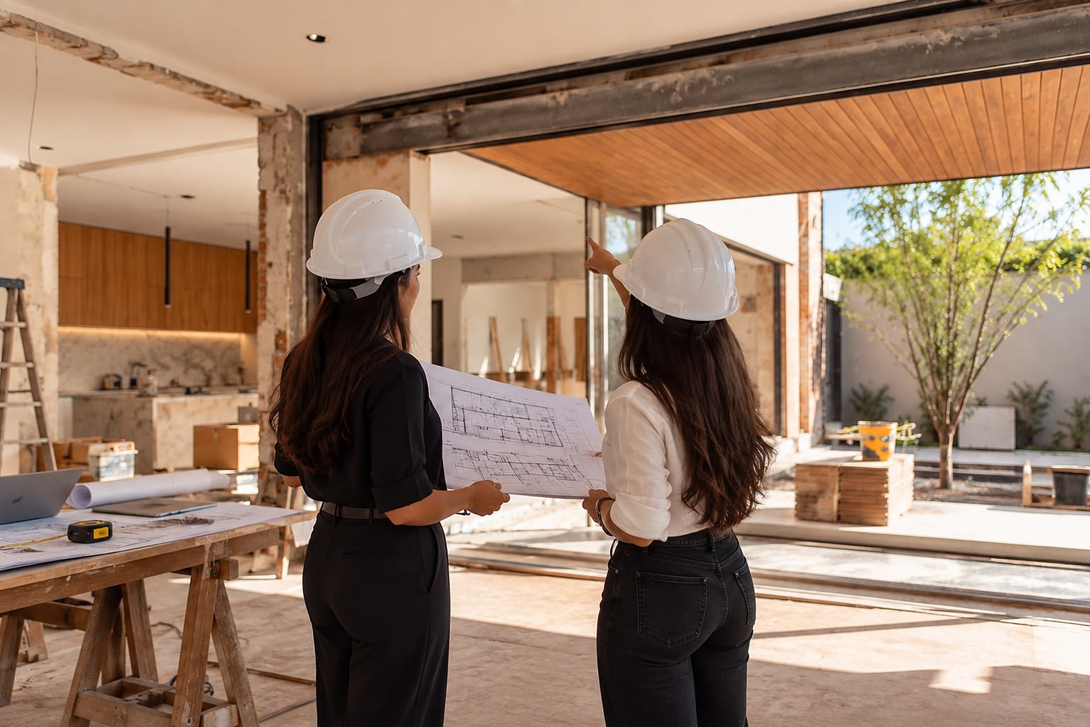 Engenheiras civis analisando a planta durante a obra